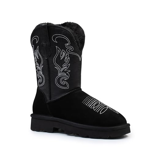 WINBIRD Genuine Leather Suede Platform Womens Winter Snow Boots Fur Lining Pull on Fuzzy Warm Mid Calf Short Boots with Memory Foam Lightweight Winter Shoes 6816-PU-BK-9