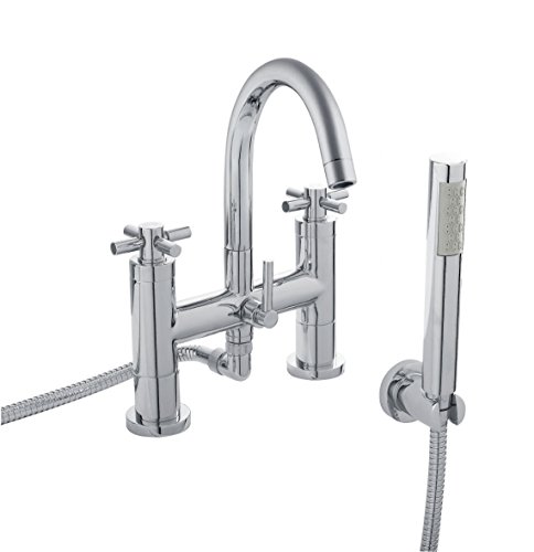 Hudson Reed TEX354 Tec Cross ǀ Modern Bathroom Minimalist Crosshead Handle Deck Mounted Bath Shower Mixer with Swivel Spout, Shower Kit and Wall Bracket, 319mm x 230mm, Chrome