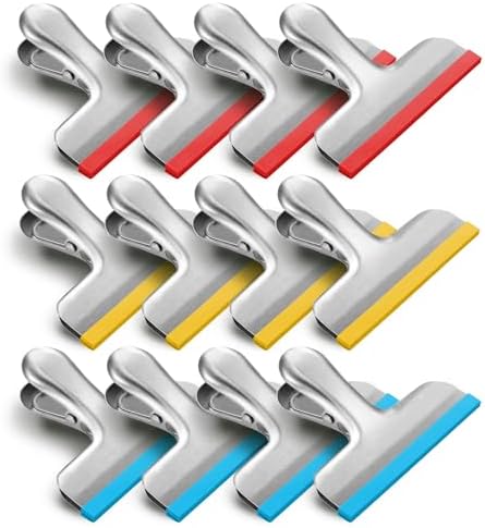 HOUSE AGAIN 12 Pack Stainless Steel Chip Bag Clips Covered with Silicone - NO More Sharp Edges - Color Coded for Food Bags - Air Tight Seal, Heavy Duty for Kitchen and Office, 3 Inches