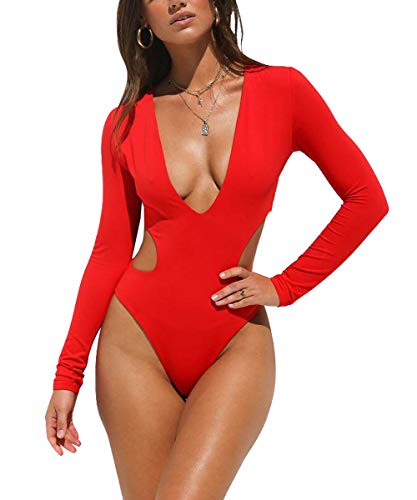 Women Rashguard Sexy Deep V Neck Cutout Long Sleeve One Piece Swimsuit Swimwear Bathing Suit Red M