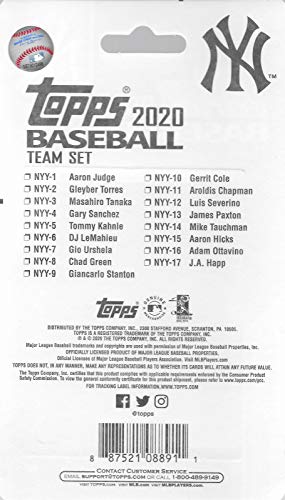 New York Yankees 2020 Topps Factory Sealed 17 Card Limited Edition Team Set with Aaron Judge, Gerrit Cole and Gary Sanchez Plus