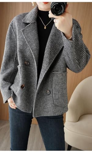 utcoco Womens Crooped Wool Coats Houndstooth Double Breasted Short Wool Pea Coat Cropped Blazer Jackets with Pocket3