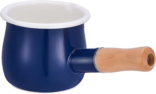Enamel Milk Pan, Mini Butter Warmer 10cm Enamelware Saucepan Pan Cookware with Wooden Handle, Perfect Size for Heating Smaller Liquid portions. (Blue)