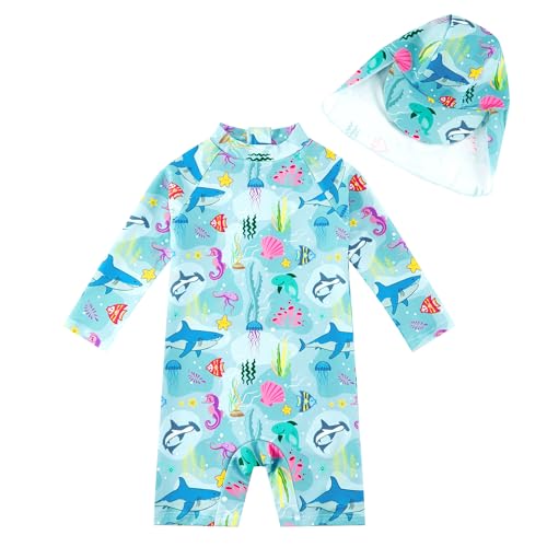 Image of upandfast Baby/Toddler Swimsuit UPF 50+ Sun Protection One Piece Zipper Bathing Suit with Sun Hat Infant Beach Swimwear