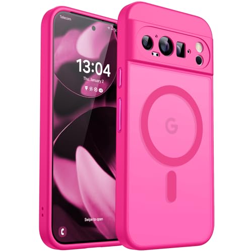 CANSHN Magnetic for Google Pixel 9 Pro XL Case(6.8 Inch) Upgraded [Full Camera Protection] [Compatible with Magsafe] [Translucent Matte] Shockproof Protective Phone Cover Hot Pink