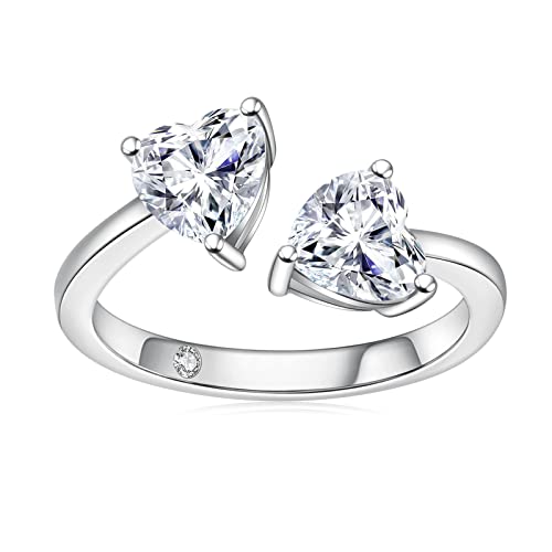 AnuClub Adjustable Moissanite Heart Statement Rings 2cttw D Color 925 Sterling Silver Unique Eternity Wedding Promise Anniversary Band Ring for Women