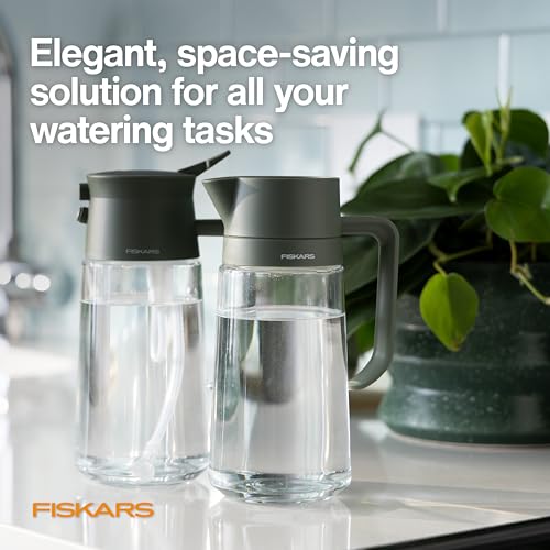 Image of Fiskars 2-in-1 Mist & Pour Watering Can, Space Saving Glass Plant Mister with Thumb Pump Sprayer and Spout for Indoor Plants, Boost Humidity & Soak Roots of Houseplants, 17 oz, Modern Decor Style