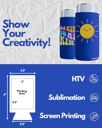 Image of PartyPrints 100 Pack Royal Blue Blank Slim Can Cooler Sleeves | Plain Seltzer Customizable Bulk Coolers for Beer Bottles & 12oz Tall Cans | Skinny Collapsible Drink Insulated Sleeve
