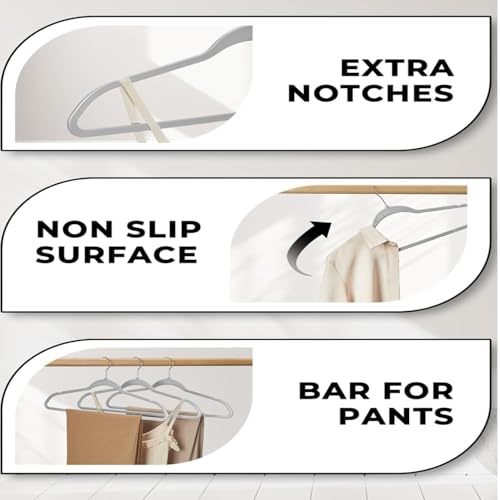 Image of Slim Plastic Hangers for Clothes - Heavy Duty Non-Velvet Hangers with 360 Swivel Chrome Hook & Non Slip Notches - Ideal for Dresses Coats Shirts Jackets & More (Grey, 60)