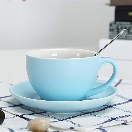 THUMBGEEK Tazas de capuchino de porcelana con platillos y cuchara, para bebidas especiales de café, latte, café mocha y té utilizados en casa y en cafeterías baristas profesionales (azul) Cover