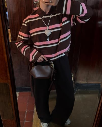 Womens Y2K Stripe Polo Shirt Preppy Aesthetic Tee Shirt Long Sleeves Lapel Neck Sweatshirt Tops3