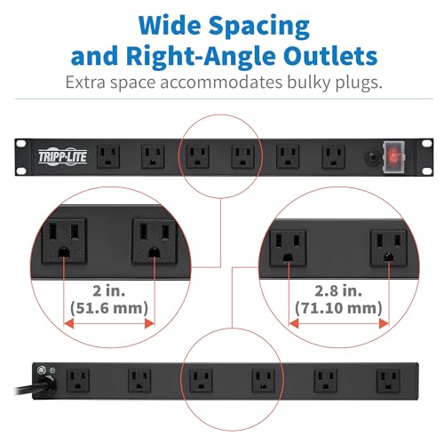 Image of Eaton Tripp Lite 12-Outlet 1U Rack Mount Power Strip PDU, Six Front & Six Rear Facing Outlets, 15A, 120V, 15ft Extension Cord with Flat Plug, Rackmount for DJ Equipment and Server Racks (RS1215-RA)