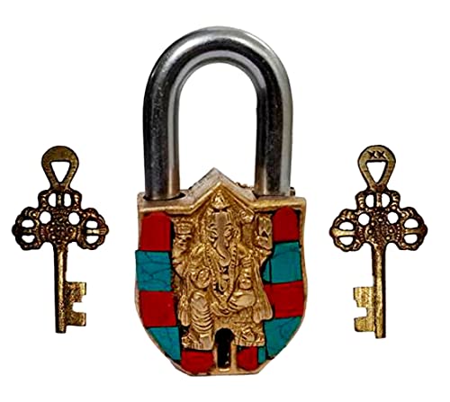 Purpledip Brass Lock Padlock Ganesha: Antique Design with Colorful Gemstones; Unique Collectible Combination of Beauty & Security with Religious Significance (11094)