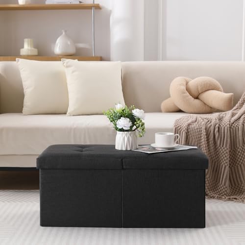 Image of Storage Ottoman Bench Foldable Footrest Foot Stool, 30 inch Fabric Black | Small Ottoman Foot Rest Seat Shoe Bench Flip-Top forliving Room End of Bed Bedroom Couch Dorm, 80L Folding Upholstered Chair