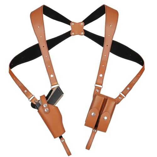 Shoulder Holster General Vertical Gun Holster Adjustable Leather Gun Holster for Concealed Carry with Double Magazine Pouch Adjustable for Glock 1911 and Most Kinds of Pistols- Left handed users Brown