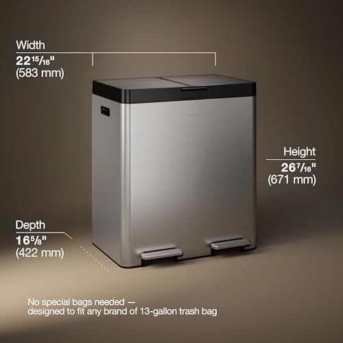 Kohler K-23828-ST 82-Liter Stainless Steel Dual-Bin Step Trash Can, Fingerprint Resistant, Soft-Close Lid, Kitchen or Office