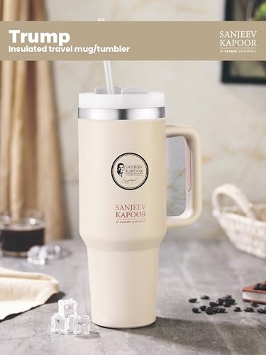 Image of Sanjeev Kapoor by Classic Essentials Stainless Steel 1200ML Tumbler with Lid and Straw, Hot and Cold Double Insulated Sipper Mug, 100% Leak Proof Coffee Tumbler Cupholder for Office (Beige)