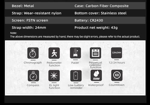 NORTH EDGE Men's Military Carbon Fiber Watch - Waterproof 164FT, Pedometer, Compass, Tactical Sports, Minimalist Metronome, EL Backlight, Nylon (Black)