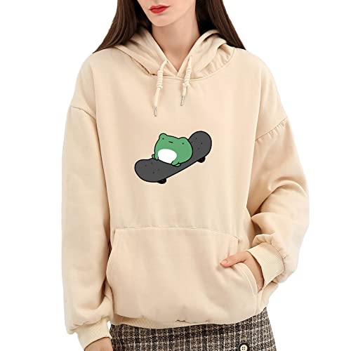Keevici Women's Cute Sweatshirts Skateboarding Frog Long Sleeve Cotton Hoodie Pullover (Apricot,L) #TOP1