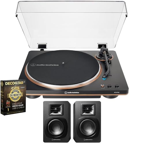 Audio-Technica AT-LP70X-BZ Fully Automatic Belt-Drive Turntable Black/Bronze Bundle with AT-SP3X Bookshelf Speakers and Deco Gear CPS 26 Month Protection Pack (Beach-CPS- 26500)