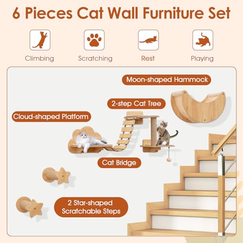 Juego de 6 estantes murales para gatos de madera miniatura 3