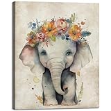 Baby Plum Baby Elephant Flower Wreath Poster Prints Cute Animal Portrait Canvas Wall Art Watercolor Garland Picture Painting Wall Decor Nursery Children's Room Living Room Decoration(12'x16', Framed)