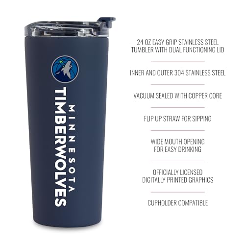 Image of Rico Industries NBA Basketball Minnesota Timberwolves Navy 24oz Stainless Steel Tumbler with Lid and Dual Functioning Lid