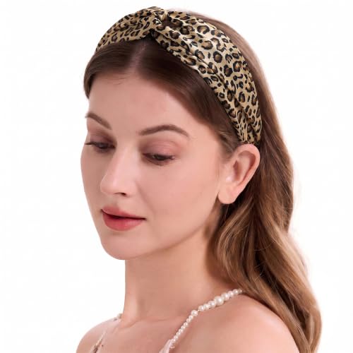 Image of ZLYC Mulberry Silk Headband for Women's Hair, Leopard Print | smooth luxury real silk, stretch elastic no slip fit, makeup spa skincare use, travel daily wear,boho fashion hair accessory