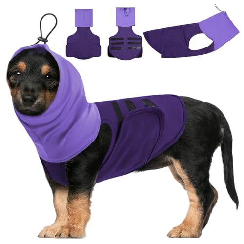 Image of SAWMONG Dog Anxiety Vest, Breathable Calming Shirt Adjustable Chest & Hood for Dogs, Soft Pet Stress Relief Calming Coat Wraps Ears for Noise, Thunderstorms, Fireworks and Separation(Purple, Medium)