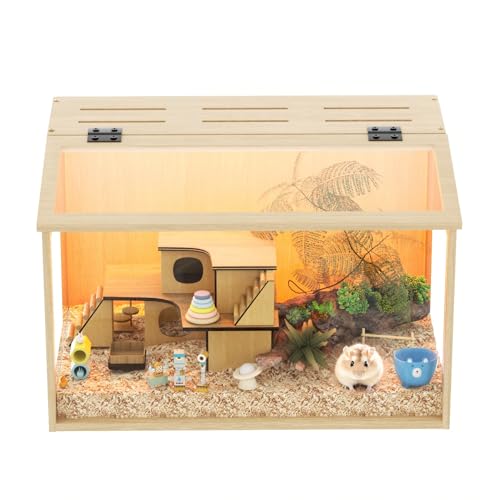 Wisfor Hamster Cage: Wooden Small Animal Cage with Warm Light Large Clear Glass Hamster House Chewy Proof with Openable Breathable Top(80 * 40 * 40CM)