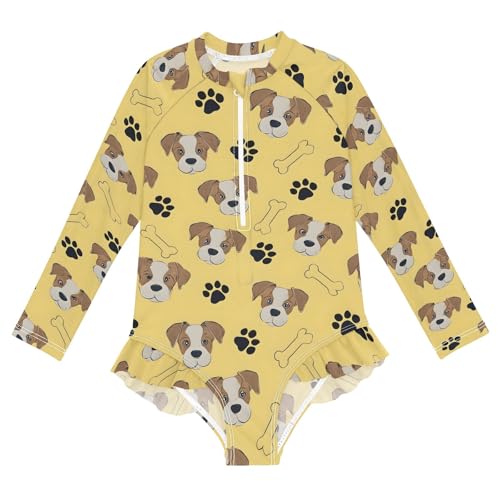 Yellow Dog Bones Footprint Girls Long Sleeve Swimsuit Rash Guard One Piece Bathing Suits Zipper 3-12T