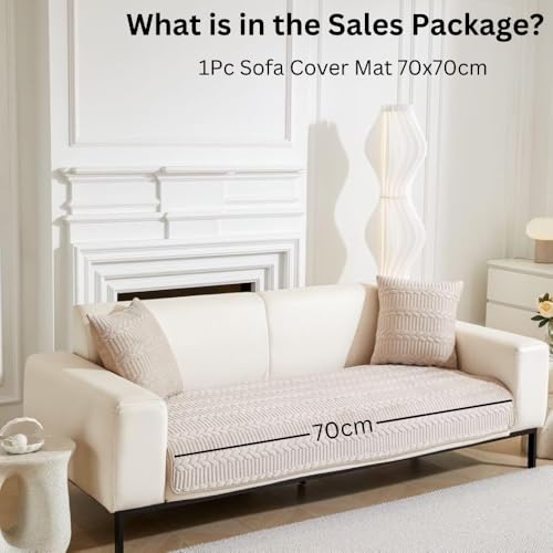 Image of HOMETHREADS Premium Embroidered Cotton Sofa Cover Mat with PVC Backing for Non-Slip Comfort (Beige, 1 Seater | 70x70cm)