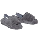 shelikes Womens Sliders Ladies Fluffy Faux Fur Peep Toe Warm Winter Slipper Dark Grey