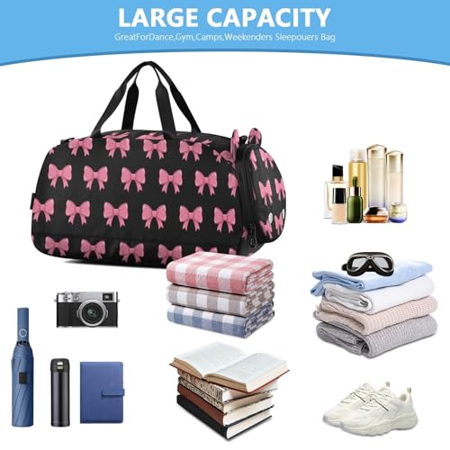Elegant Bows Pink Black Duffle Bag for Girl, Sports Duffle Gym Bags with Shoe Compartment, Personalized Overnight Bag Travel Weekender for Kids4