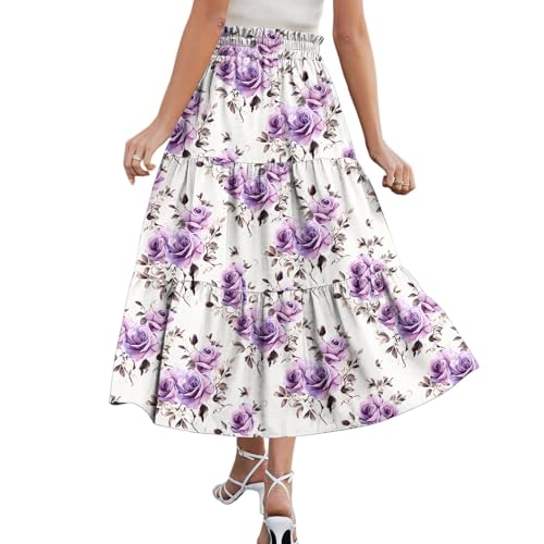 Midi Skirts for Women 2025 High Elastic Waisted Tiered Ruffle Skirt Flowy A Line Boho Floral Skirts Skorts with Pockets2