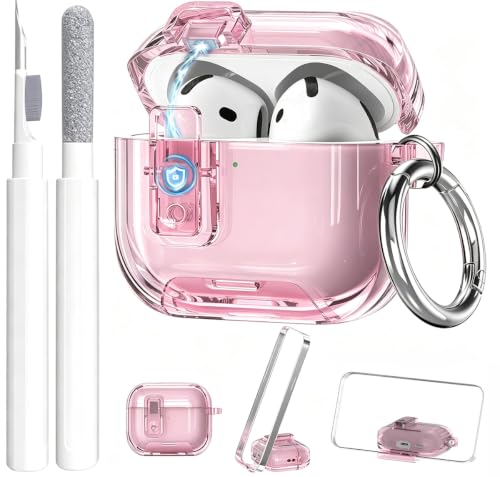 Image of Compatible with Airpods 4 Case Clear with Lock Phone Stand, Soft TPU Magnetic Automatic Lock Apple AirPods 4th Generation Protective Cover Skin Women Men + Cleaning Kit for iPod 4 2024 Case Pink