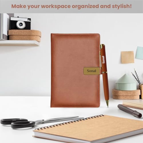 Image of Giftana Personalized Notebook Diary with Pen Gift Set for Men and Women, 2 in 1 Customized Office Diaries A5 Size Notebook, Diwali Gifts, Personalised New Year Corporate Gifts for Employees (Tan Golden)