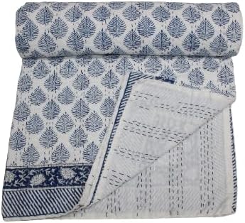 Trend Rajasthani Hand Block Print Kantha Quilt, Cotton Blanket Throw, Hand Stitched Quilt King Queen Size Quilt (Blue, Twin (60'x90')