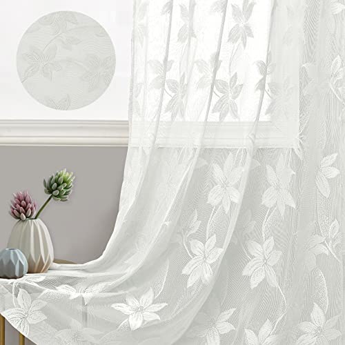 DWCN 2 Pack Ivory White Floral Lace Valances for Kitchen - Rod Pocket Half Window Sheer Curtains for Small Window Living Room, 42 x 18 inch - Image 4
