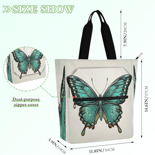 Green Butterfly Book Tote Bag,Large Capacity Handbag with Zipper Perfect for School,Travel,Shopping2