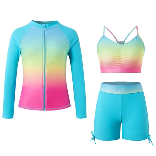 Image of Funnycokid Girls Swimsuit 3 Pieces Long Sleeve Rash Guard Zip Bathing Suits Teens Boyshort 3-14 Years