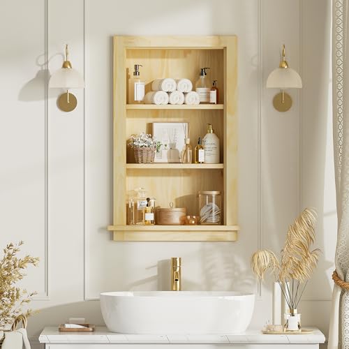 Armario de Medicina Empotrado en Pared de Madera Maciza, Organizador Decorativo para Baño o Sala de Estar, 14x24 pulgadas, Totalmente Armado, Natural