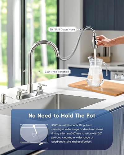 Image of APPASO 2 Handle Kitchen Faucet with Sprayer, 4 Hole Dual Handle Kitchen Faucet with Pull Down Sprayer and Soap Dispenser, High Arc Stainless Steel for 3 & 4 Hole Sink, Brushed Nickel