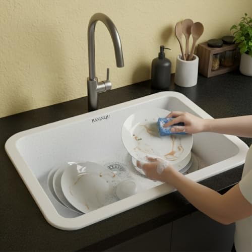 Image of BASINQU Quartz Sink for Kitchen | 24x18x9 Inches Sand-Pluto Single Bowl Sink For Kitchen Basin Round Corner Kitchen Sink | Granite UV Protected Scratch Resistant Undermount /Topmount Sinks