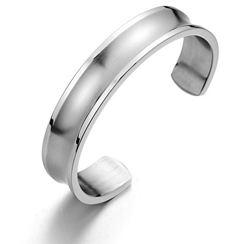 COOLSTEELANDBEYOND Clásico, Pulsera de Hombre, Brazalete de Acero Inoxidable, Satinado, Diseño Acanalado