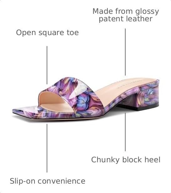 Image of TNYNFBEB Womens Chunky Block Low Heel Open Square Toe Sandals Mules Shoes Slip-on Prom Party Dress Patent Leather 1.4 Inches Heels