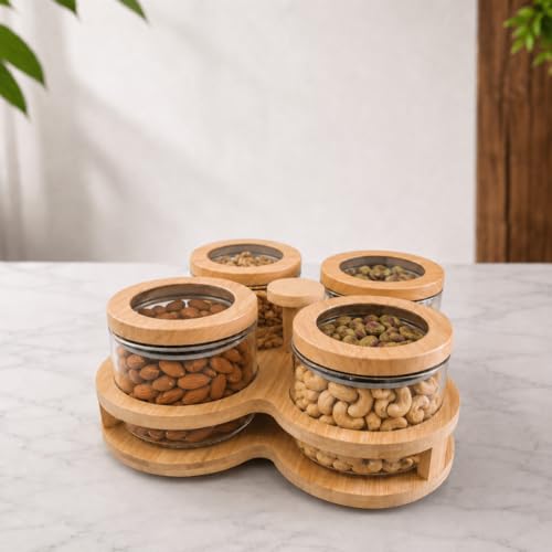 Image of Borosilicate Glass Storage Jars Set of 4 with 360 Rotating Bamboo Tray, 500ml Airtight Round Glass Containers with Silicone-Sealed Wooden Lids, Dry Fruit, Nuts, Spice Organizer for Kitchen