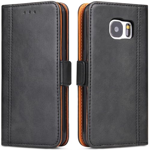 ROJIOJIO Handyhülle für Samsung Galaxy S7 Leder Handytasche Kartenfach Klappständer Magnetisch Lederhülle für Samsung Galaxy S7 Hülle Schwarz