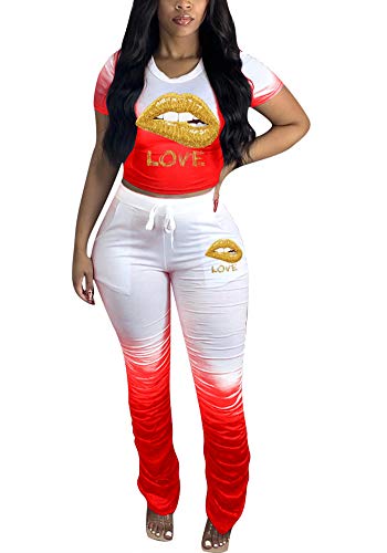 Vakkest Conjunto de 2 piezas para mujer, sin mangas, cintura alta, flecos, pantalones largos casuales con borlas, pantalones de yoga ajustados, Rojo -, XXXL