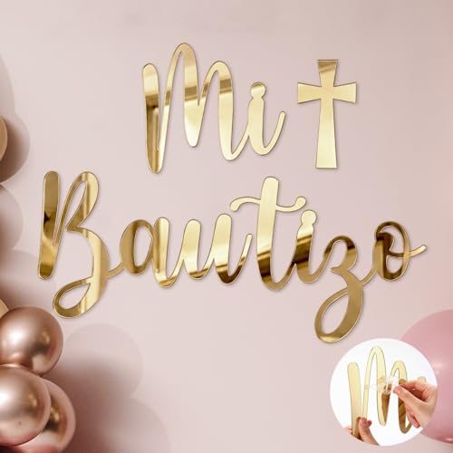 Dunzoom Mi Bautizo Sign for Backdrop Gold Mirror Acrylic Mi Bautizo Sticker Letters Decals Gender Reveal Boy Girl Decorations for 1st Birthday Backdrop Photography Background Wall Photo Prop Decor